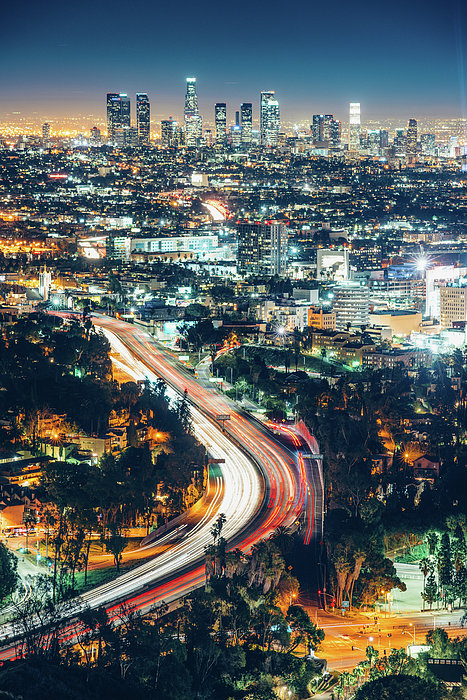 Los Angeles Skyline At Night Jigsaw Puzzle by Ferrantraite