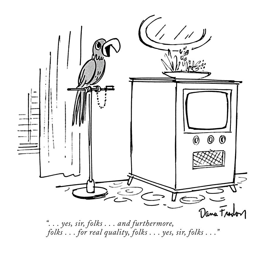 Parrot and Vintage Television Drawing - . . . Yes, Sir, Folks . . . And Furthermore by Dana Fradon