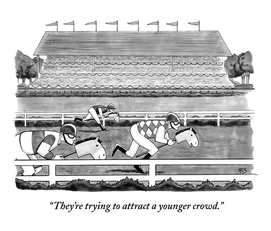 Cartoon Horse Race with Hobby Horses Drawing - Men Race On Toy Horses by Benjamin Schwartz