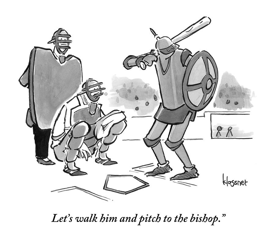 Medieval Baseball Players Cartoon Drawing - A Baseball Player Dressed Like A Knight Holds #1 by John  Klossner
