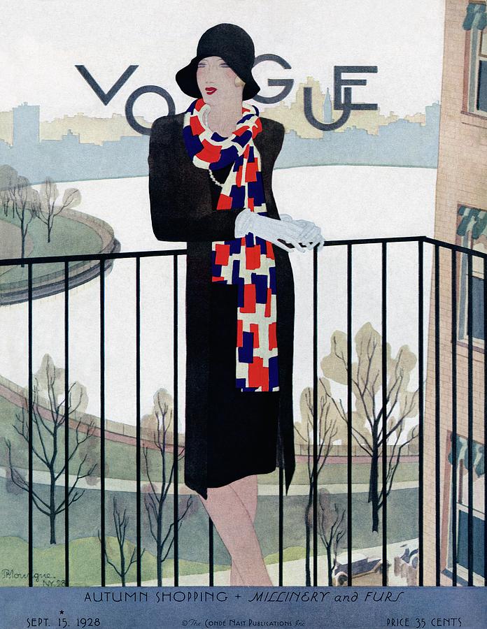 Fashionable Woman on a Balcony Photograph - A Vintage Vogue Magazine Cover Of A Woman #1 by Pierre Mourgue