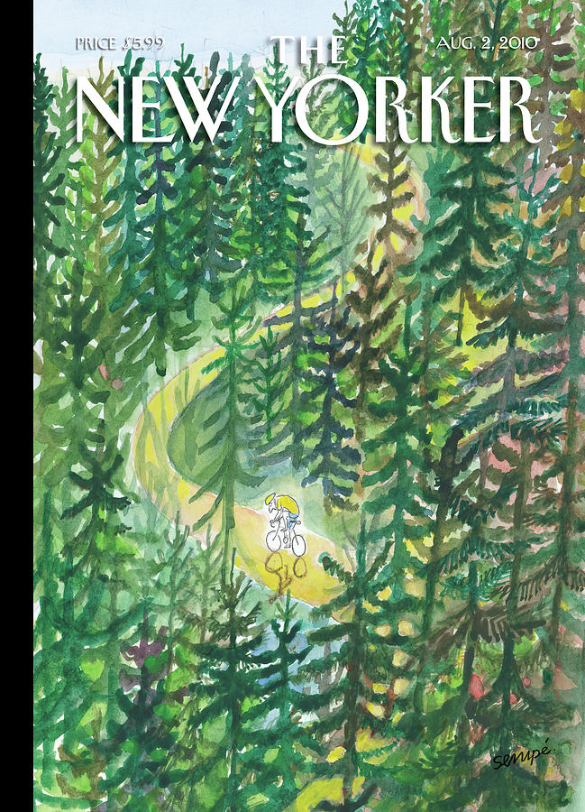 Cyclist in Forest Path Painting - The Joys and Torments of Solitude by Jean-Jacques Sempe
