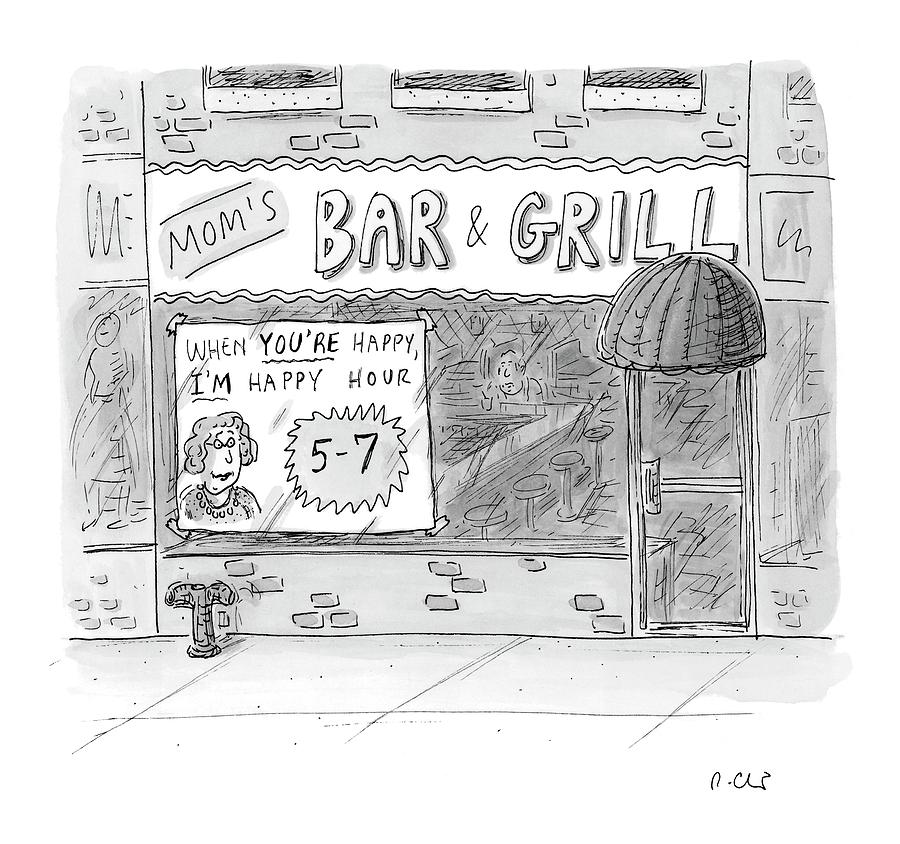 Bar and Grill Happy Hour Sign Drawing - New Yorker May 15th, 2006 by Roz Chast