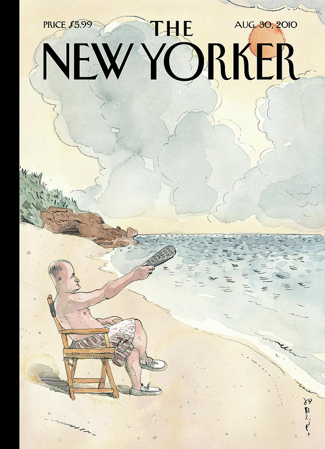 Man with Remote on Beach Painting - Pause by Barry Blitt