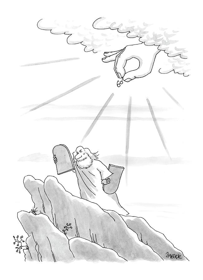 Moses Receiving the Tablets Drawing - New Yorker September 4th, 2000 by Jack Ziegler