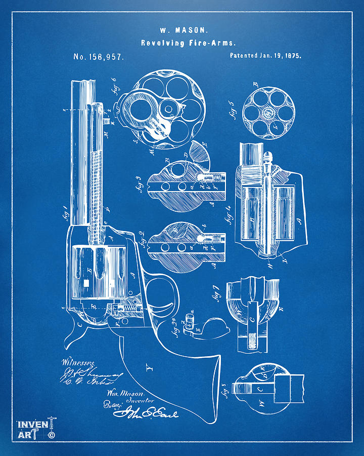 Patent Blueprint of Revolver by W. Mason Digital Art - 1875 Colt Peacemaker Revolver Patent Blueprint by Nikki Marie Smith