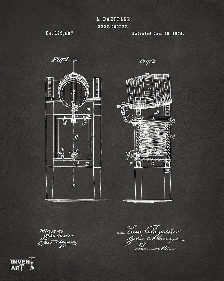 Vintage Patent for Beer Cooler Digital Art - 1876 Beer Keg Cooler Patent Artwork - Gray by Nikki Marie Smith