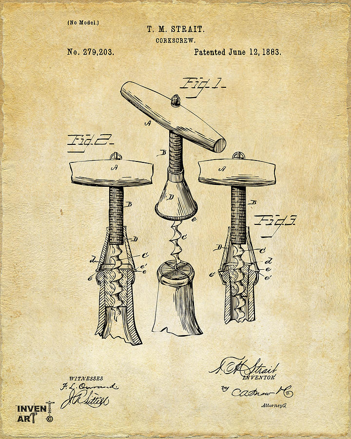 1883 Corkscrew Patent Design Digital Art - 1883 Wine Corckscrew Patent Art - Vintage Black by Nikki Marie Smith