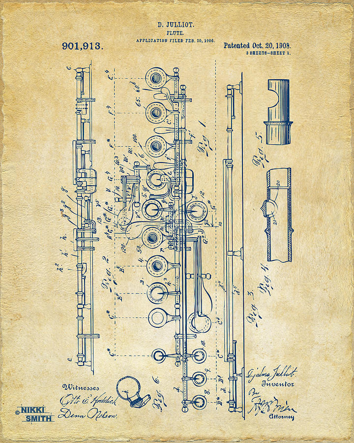 Vintage Flute Patent Blueprint Digital Art - 1908 Flute Patent - Vintage by Nikki Marie Smith