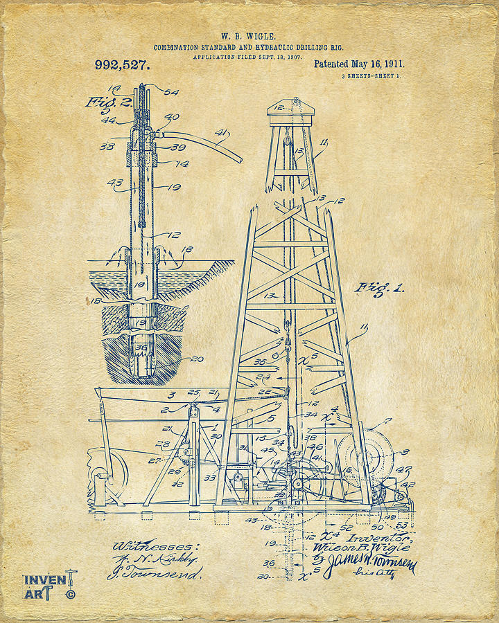Vintage Drilling Rig Blueprint Digital Art - 1911 Oil Drilling Rig Patent Artwork - Vintage by Nikki Marie Smith