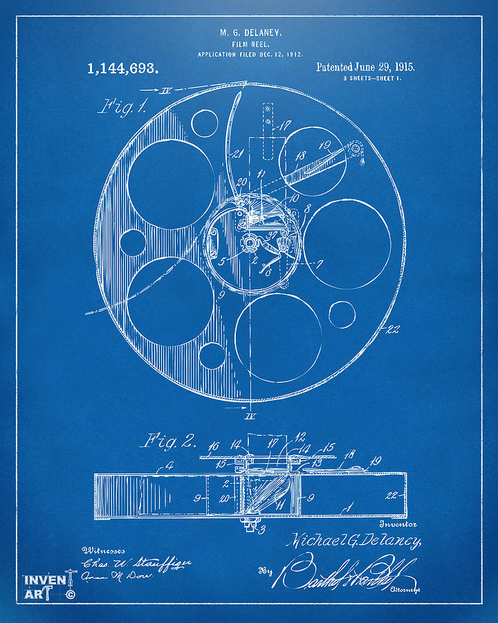 Vintage Film Reel Patent Design Digital Art - 1915 Movie Film Reel Patent Blueprint by Nikki Marie Smith