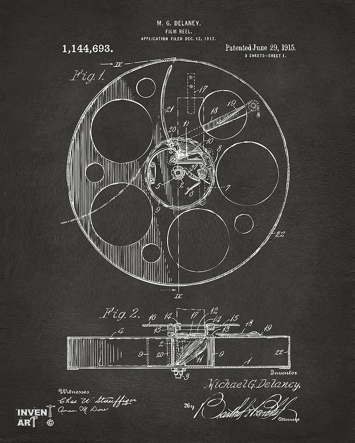 Vintage Film Reel Patent Drawing Digital Art - 1915 Movie Film Reel Patent Gray by Nikki Marie Smith