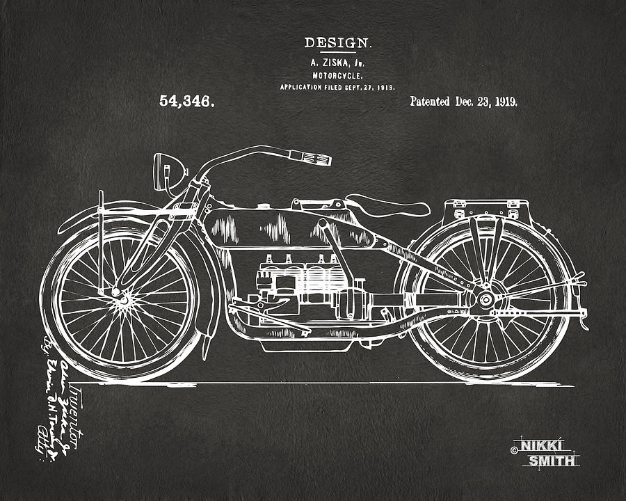 Vintage Motorcycle Blueprint Patent Digital Art - 1919 Motorcycle Patent Artwork - Gray by Nikki Marie Smith