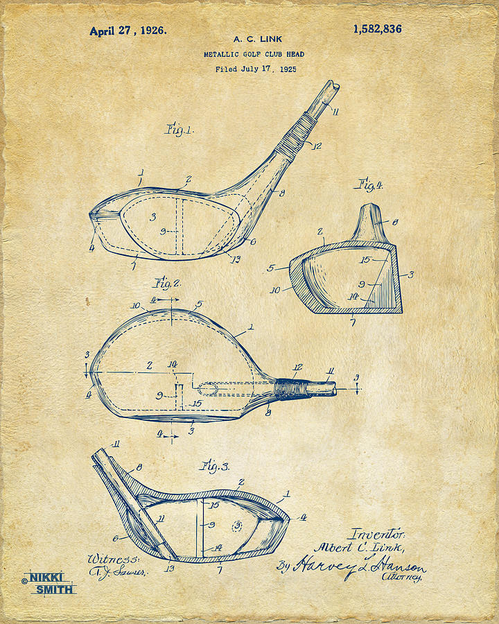 Vintage Golf Club Patent Drawing Digital Art - 1926 Golf Club Patent Artwork - Vintage by Nikki Marie Smith