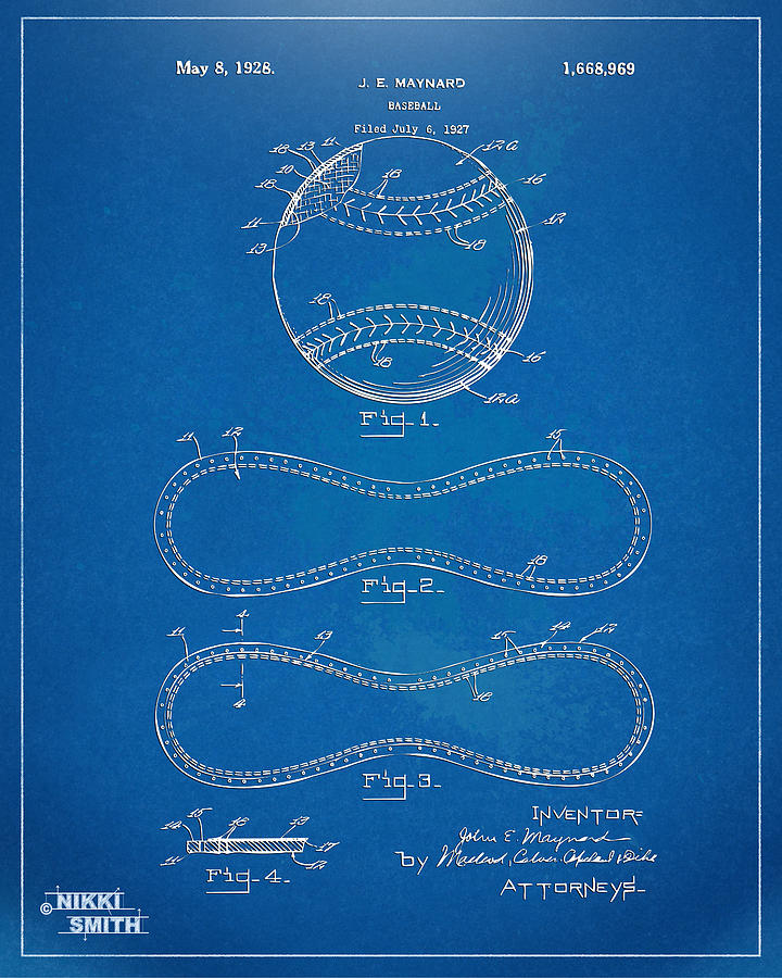 Vintage Baseball Patent Drawing Digital Art - 1928 Baseball Patent Artwork - Blueprint by Nikki Smith