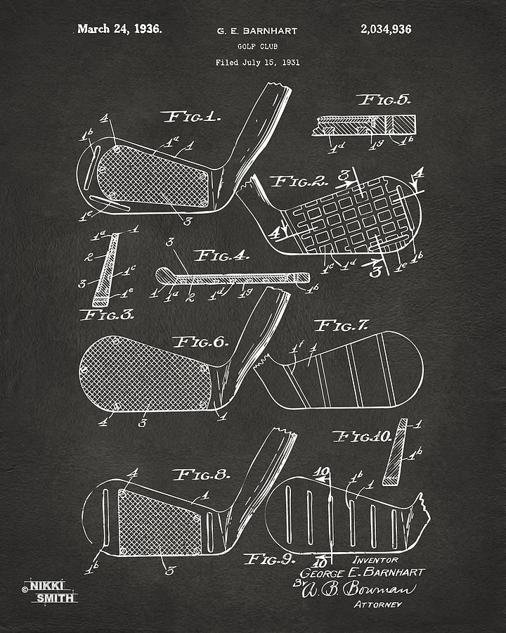 Golf Club Patent Drawing 1936 Digital Art - 1936 Golf Club Patent Artwork - Gray by Nikki Marie Smith