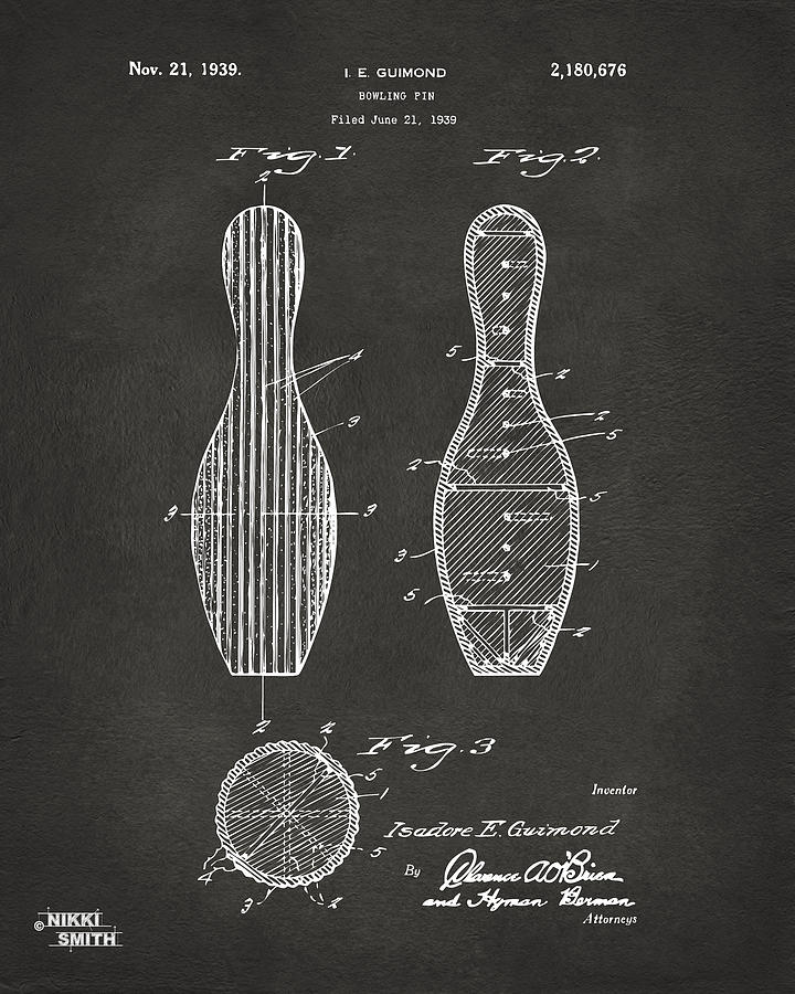 Vintage Bowling Pin Patent Design Digital Art - 1939 Bowling Pin Patent Artwork - Gray by Nikki Marie Smith