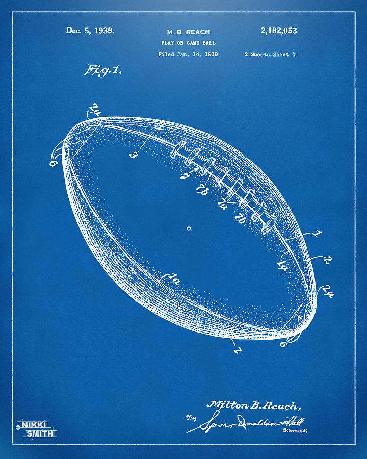 Vintage Football Patent Blueprint Digital Art - 1939 Football Patent Artwork - Blueprint by Nikki Marie Smith