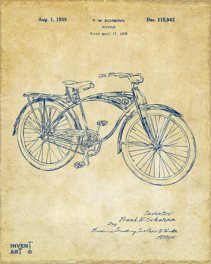Vintage Schwinn Bicycle Blueprint Digital Art - 1939 Schwinn Bicycle Patent Artwork Vintage by Nikki Marie Smith