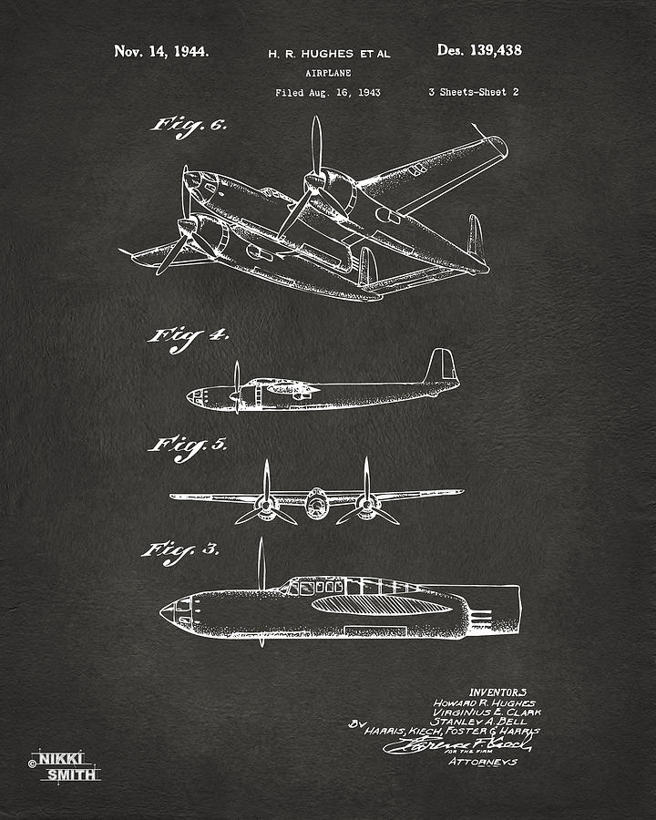 Vintage Airplane Patent by H. R. Hughes Digital Art - 1944 Howard Hughes Airplane Patent Artwork 2 - Gray by Nikki Marie Smith