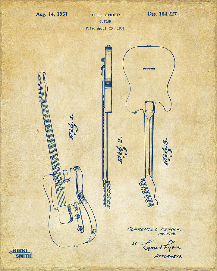 Fender Guitar Patent Design Digital Art - 1951 Fender Electric Guitar Patent Artwork - Vintage by Nikki Marie Smith
