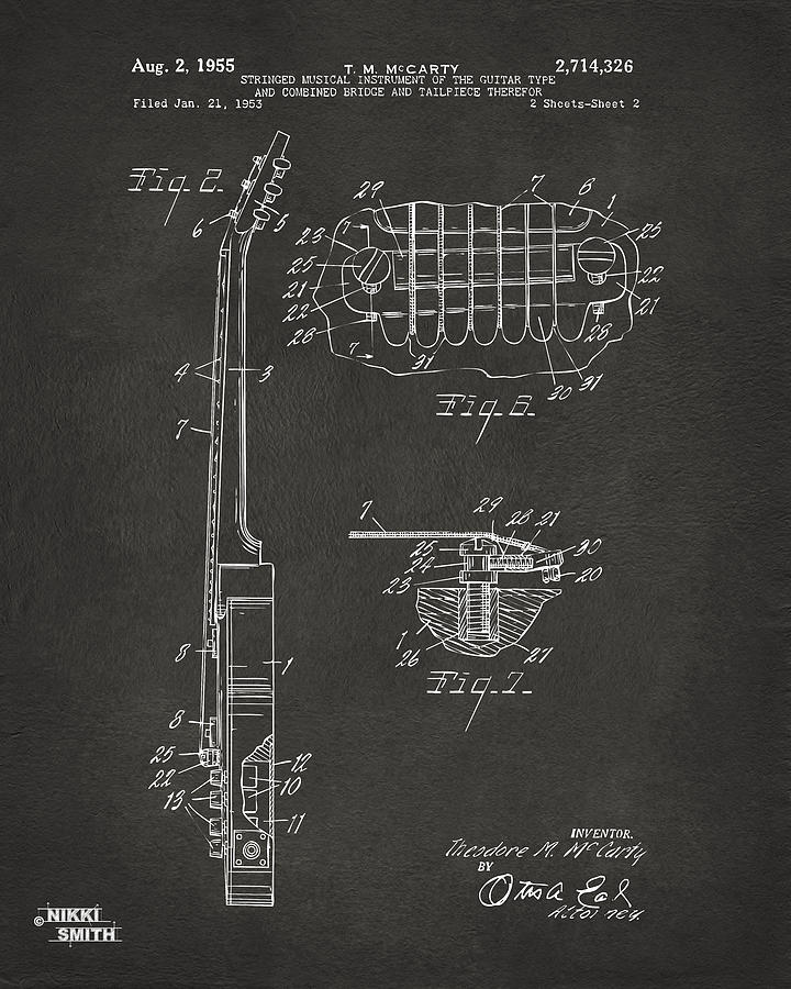 Guitar Patent by T M McCarty Digital Art - 1955 McCarty Gibson Les Paul Guitar Patent Artwork 2 - Gray by Nikki Marie Smith