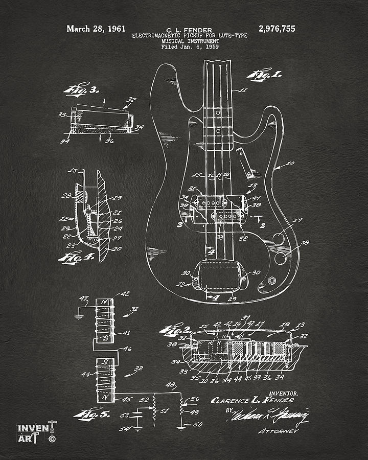 Fender Guitar Patent Blueprint Digital Art - 1961 Fender Guitar Patent Artwork - Gray by Nikki Marie Smith