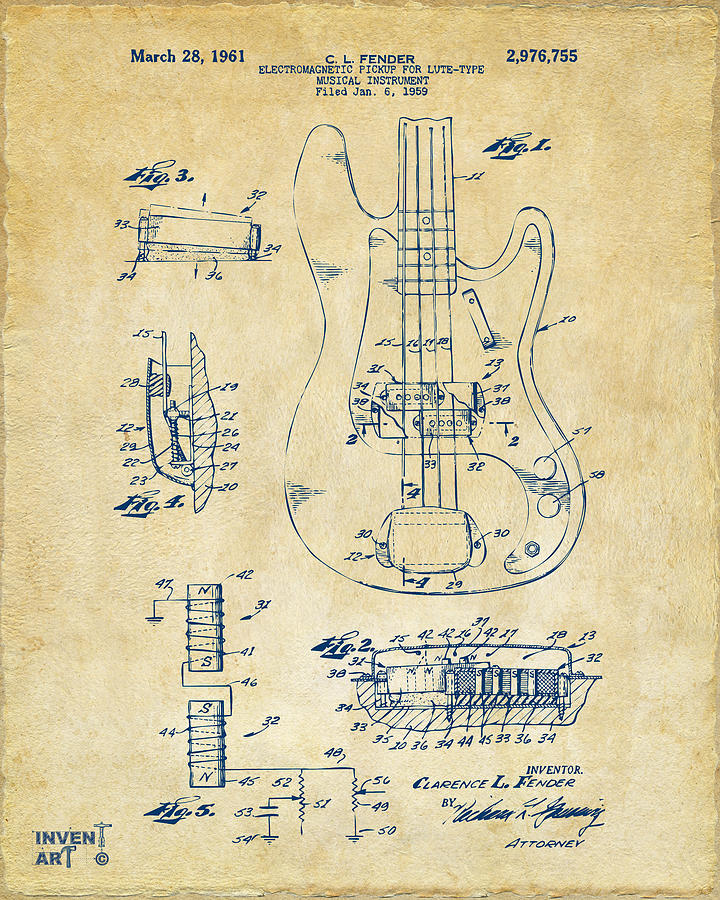 Fender Guitar Patent Design Digital Art - 1961 Fender Guitar Patent Artwork - Vintage by Nikki Marie Smith