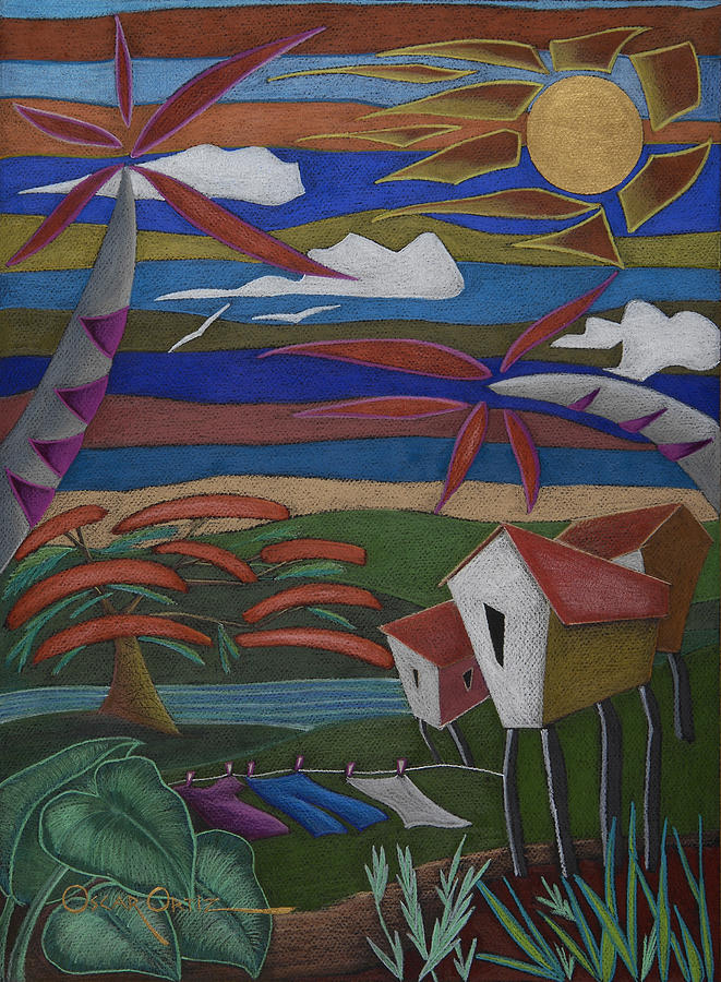 Colorful Tropical Landscape Scene Painting - Tiempos y Remembranzas by Oscar Ortiz