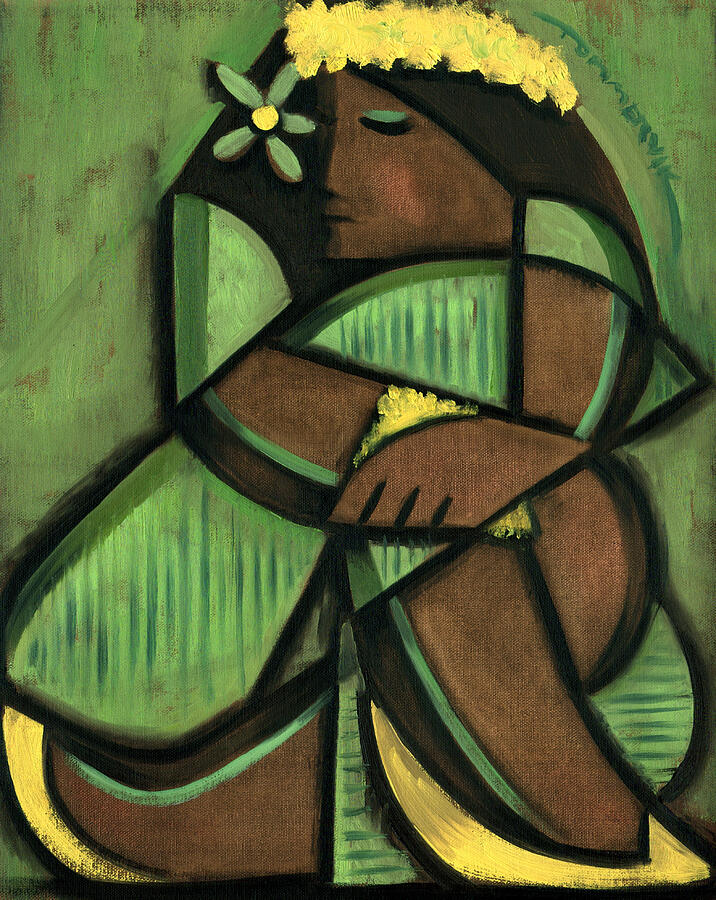 Serene Cubist Portrait Painting - Tommervik Cubist Hula Girl Art Print by Tommervik