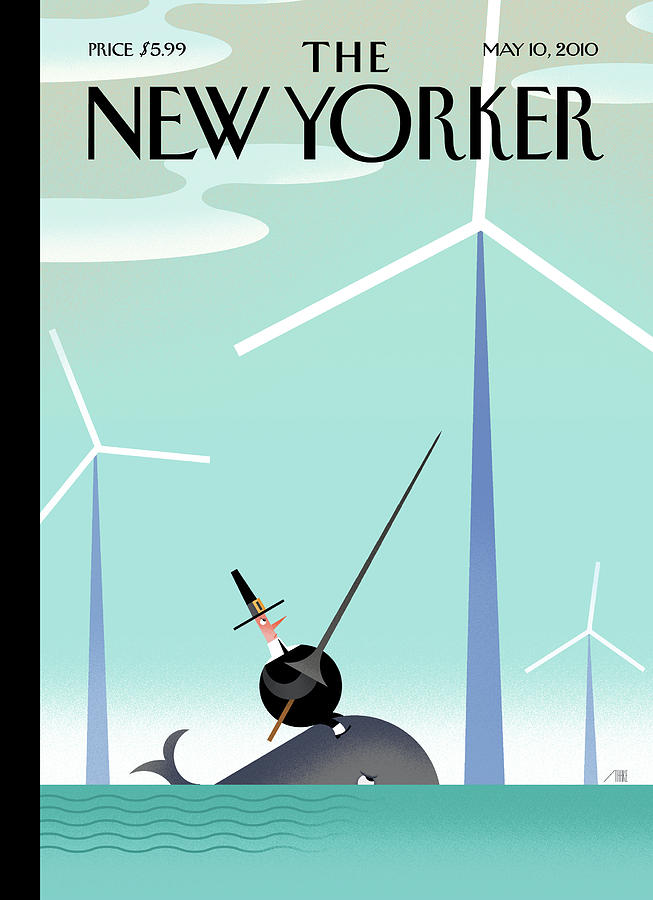 Man Riding a Whale with Wind Turbines Painting - Tilt by Bob Staake