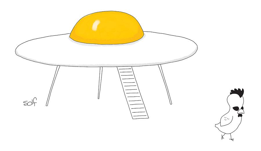 Egg Spaceship and Curious Chicken Drawing - New Yorker July 11th, 2016 by Seth Fleishman