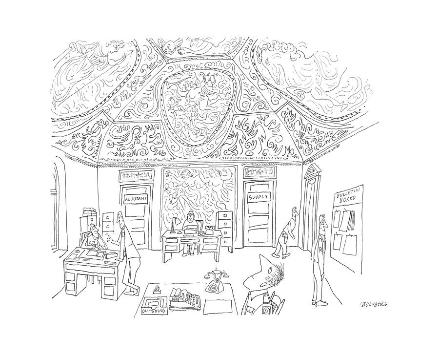 Ornate Ceiling in Office Drawing - New Yorker July 8th, 1944 #4 by Saul Steinberg