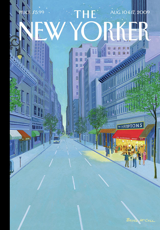 Cityscape Evening Scene Painting - The Hamptons by Bruce McCall