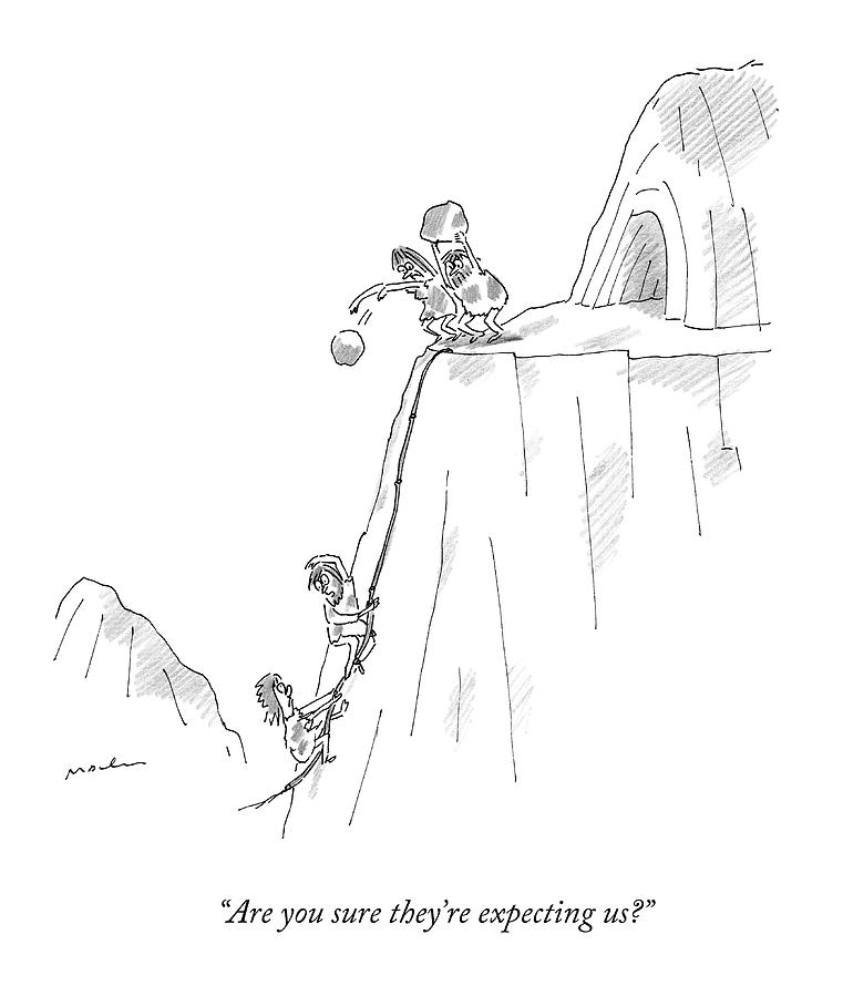 A Caveman And Woman Climb Up A Cliff Drawing by Michael Maslin