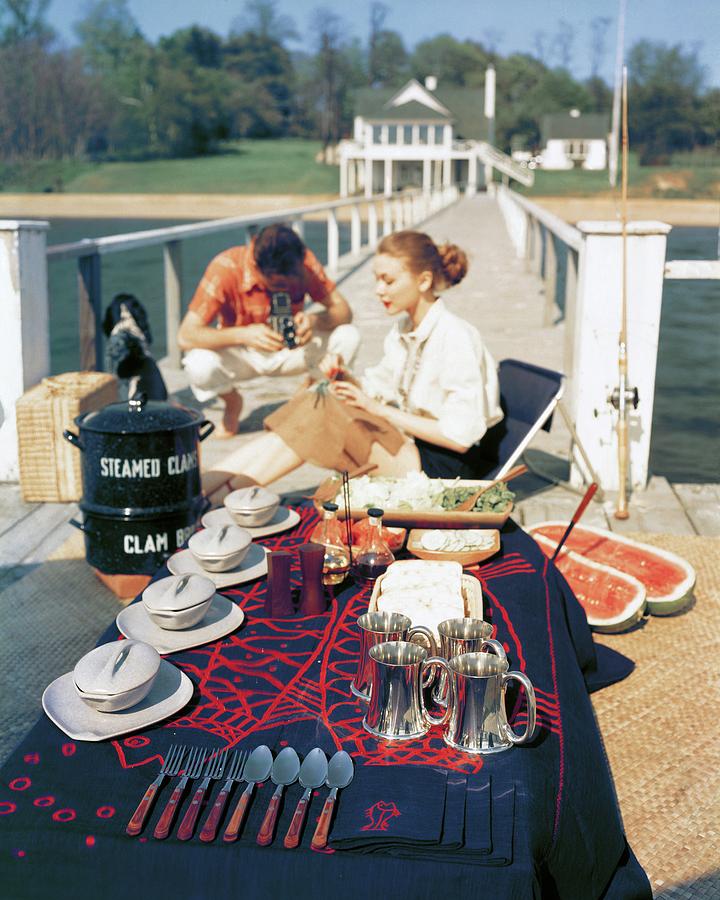 Vintage Outdoor Clam Bake Scene Photograph - A Clam Bake On A Pier by John Rawlings