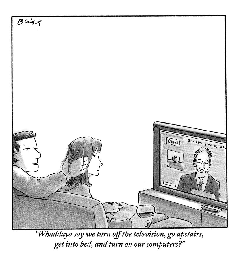 Couple Watching Television Drawing - A Couple Are Sitting On A Couch Late At Night by Harry Bliss