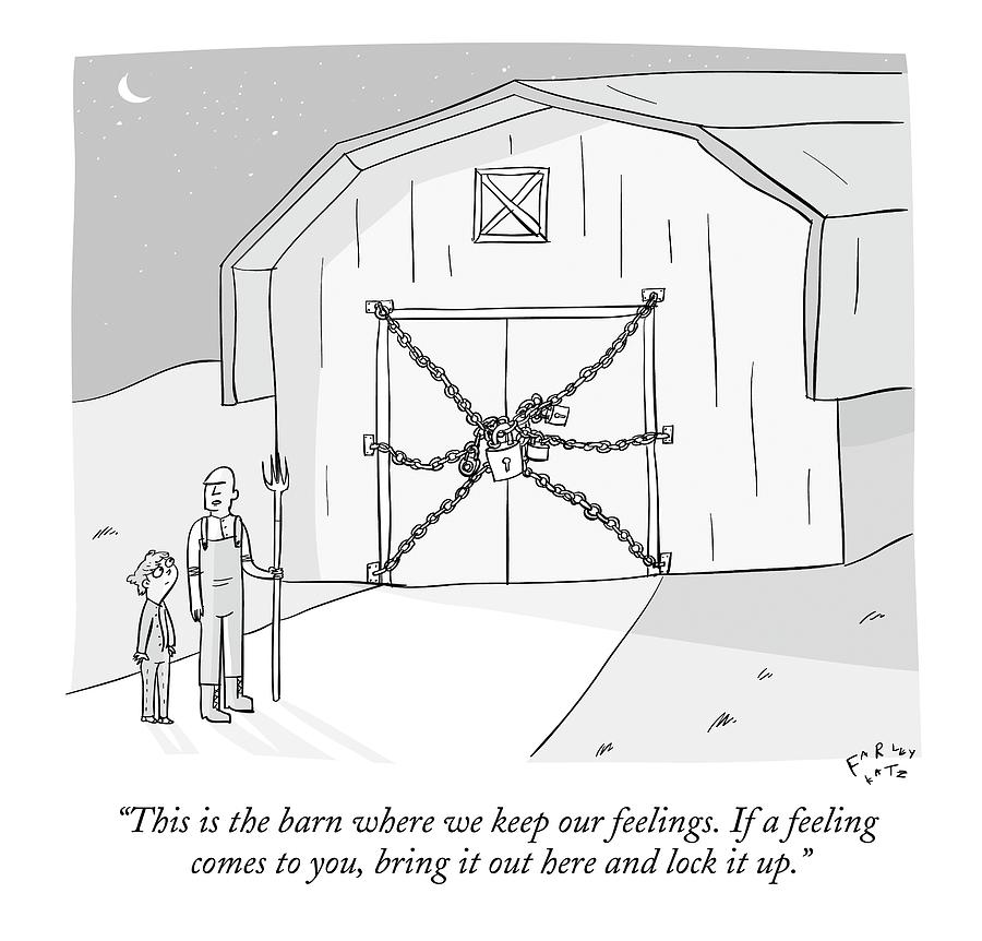 The Barn of Feelings Drawing - A Farmer Shows His Son A Barn That Is Locked by Farley Katz