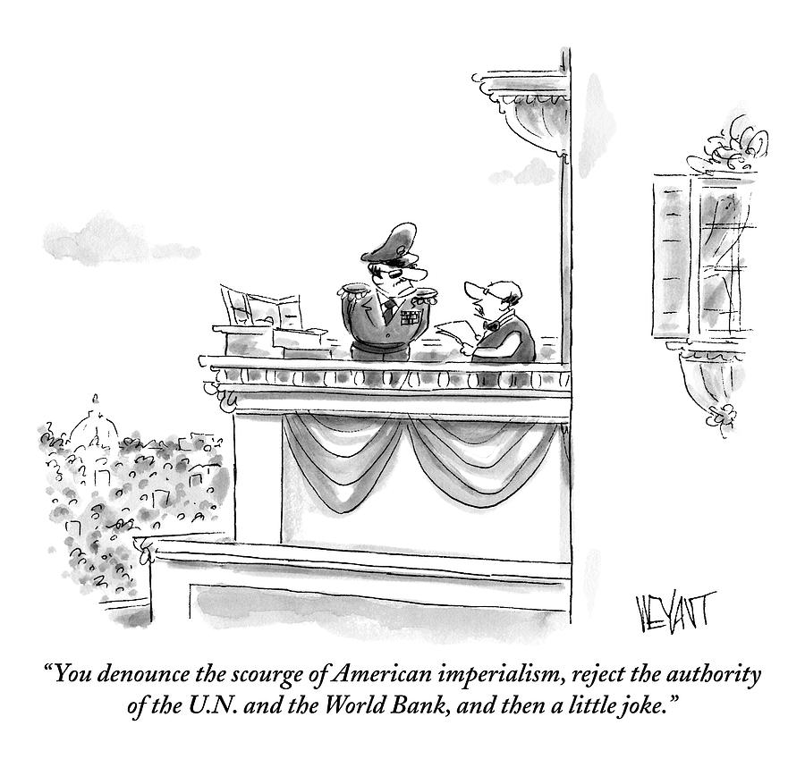 Political Cartoon Balcony Scene Drawing - A Military Man Is Seen Being Instructed by Christopher Weyant