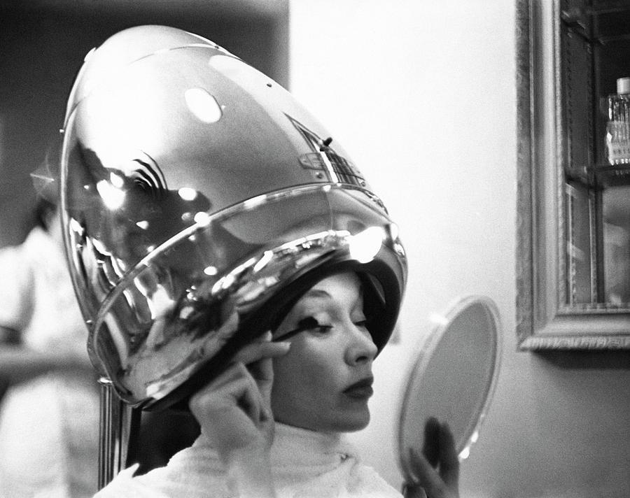 Woman Under Vintage Hair Dryer Photograph - A Model In A Beauty Salon by Constantin Joffe