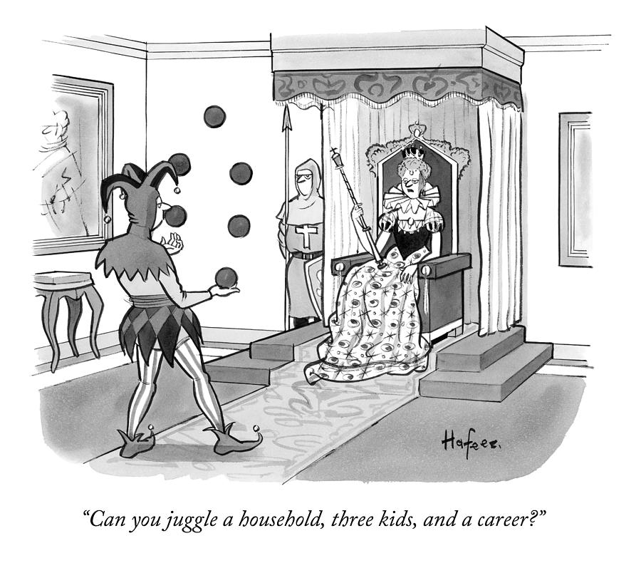 Jester Challenges Queen with Life Balance Drawing - A Queen Talks To A Juggling Court Jester by Kaamran Hafeez