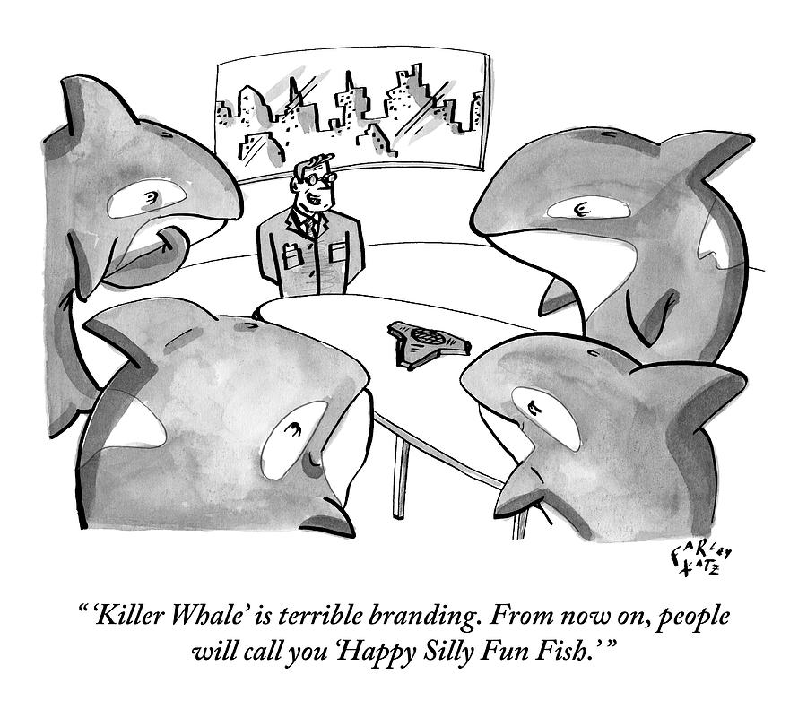 A Suited Man Speaks To A Group Of Killer Whales Drawing by Farley Katz