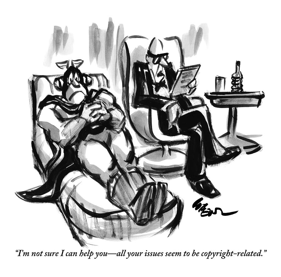 Cartoon Superhero Therapy Session Drawing - A Superhero Lays In A Chair Talking by Lee Lorenz