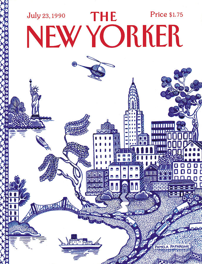 New York Blue Delft Style Painting - New Yorker July 23, 1990 by Pamela Paparone