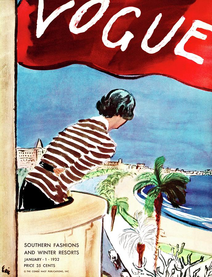 Woman Overlooking Beach from Balcony Painting - A Vogue Cover Of A Woman Leaning Over A Balcony by Carl Oscar August Erickson