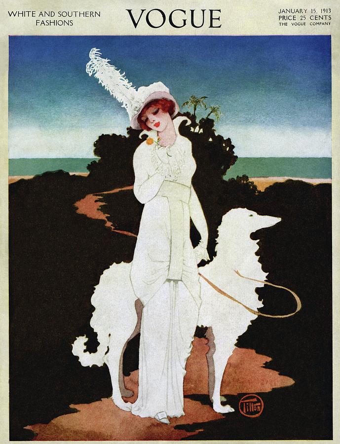 Elegantly Dressed Woman with Dog Photograph - A Vogue Cover Of A Woman With A Wolfhound by Mrs. Newell Tilton