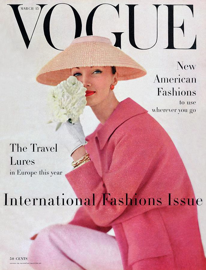 Vogue Fashion Cover with Elegant Woman Photograph - A Vogue Cover Of Evelyn Tripp Wearing Pink by Karen Radkai
