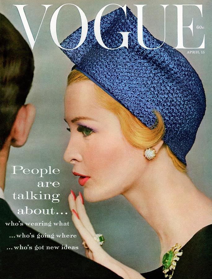 Elegant Cover of Vogue Magazine Photograph - A Vogue Cover Of Sarah Thom Wearing A Blue Hat by Richard Rutledge