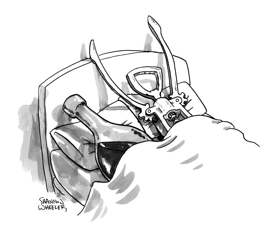Samurai Sleeping with Wine Bottle Drawing - A Wine Opener And A Bottle Lay In Bed Like by Shannon Wheeler