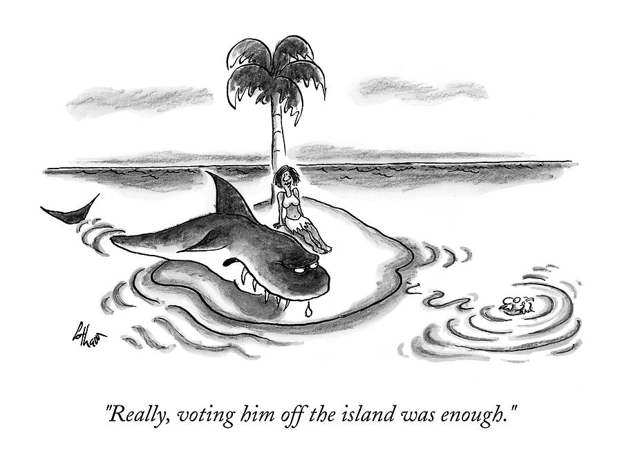 A Woman Is Seen On A Deserted Island With A Shark Drawing by Frank Cotham